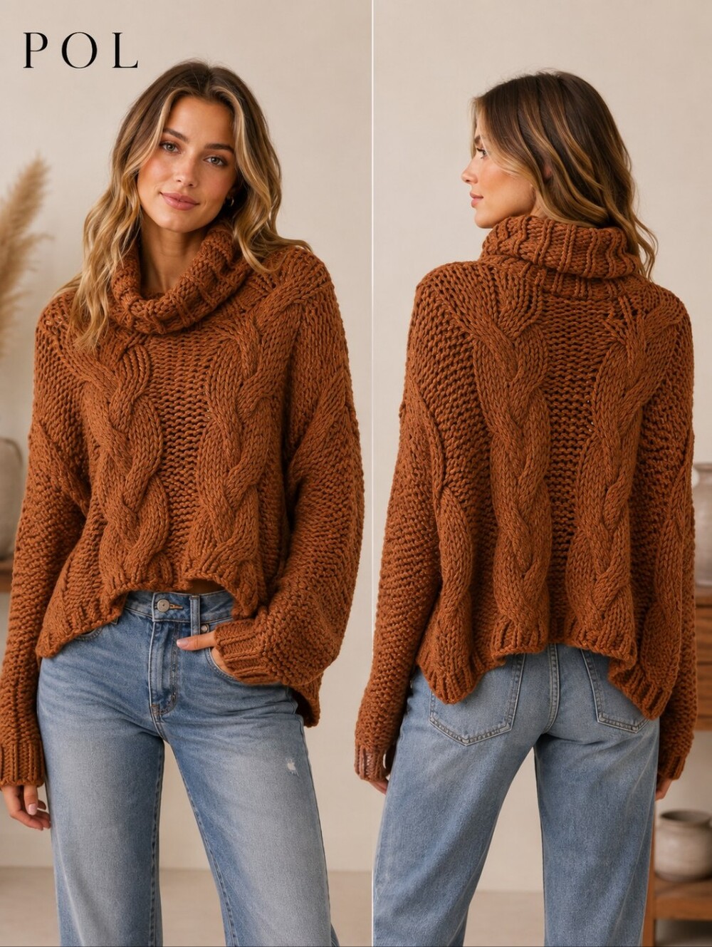 POL Chunky Cable Knit Cowl Neck Sweater Rust Brown Oversized Boho Size Large